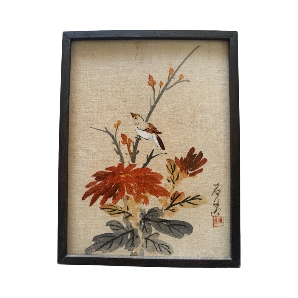 Vintage Asian Hand Painted Fabric Art Bird & Floral Wood Panels Signed Set of 2 - Picture 3 of 9